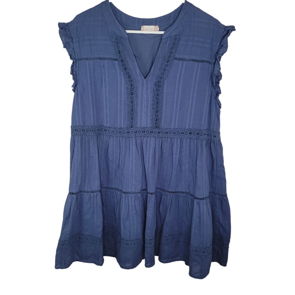 Altard State Eyelet Crochet Lace Short Sleeve Tiered Dress Blue Size Large